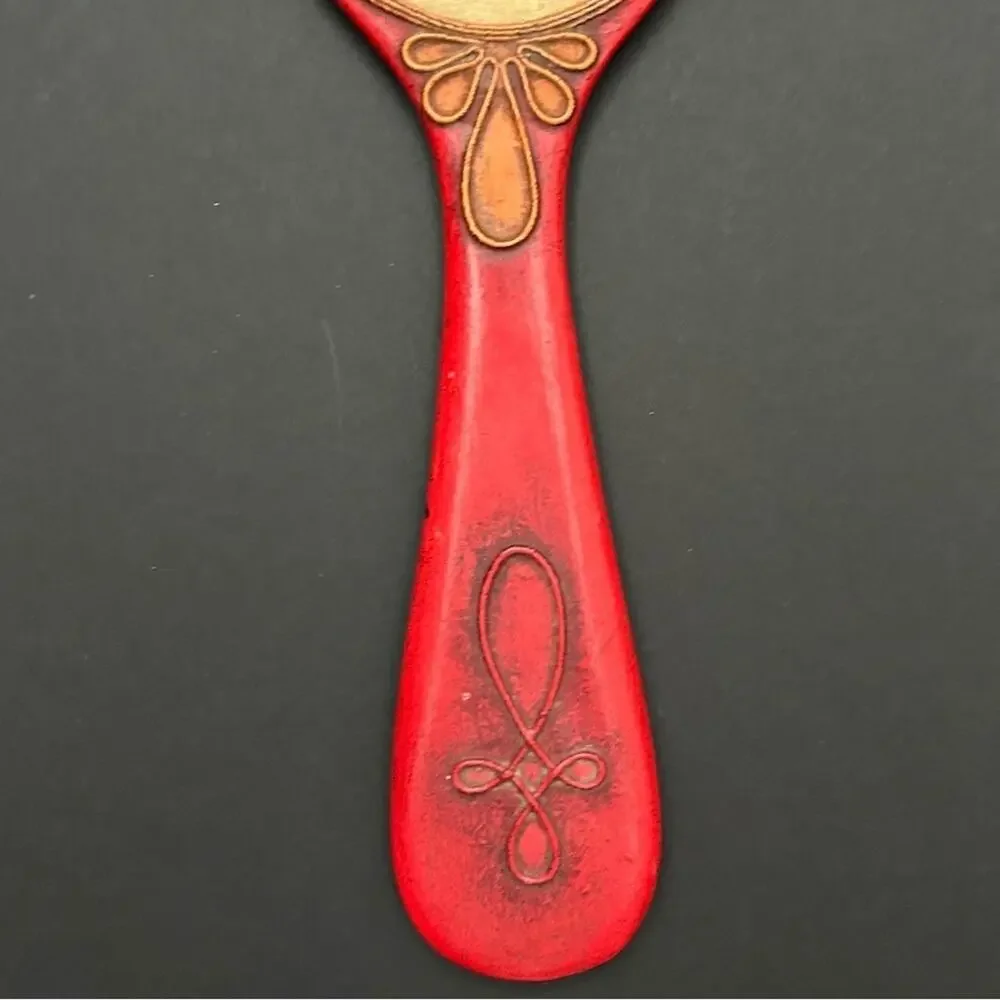 Rare Vintage 1960s Red Wooden Handmade Decorative Hand Mirror, Artist Signed